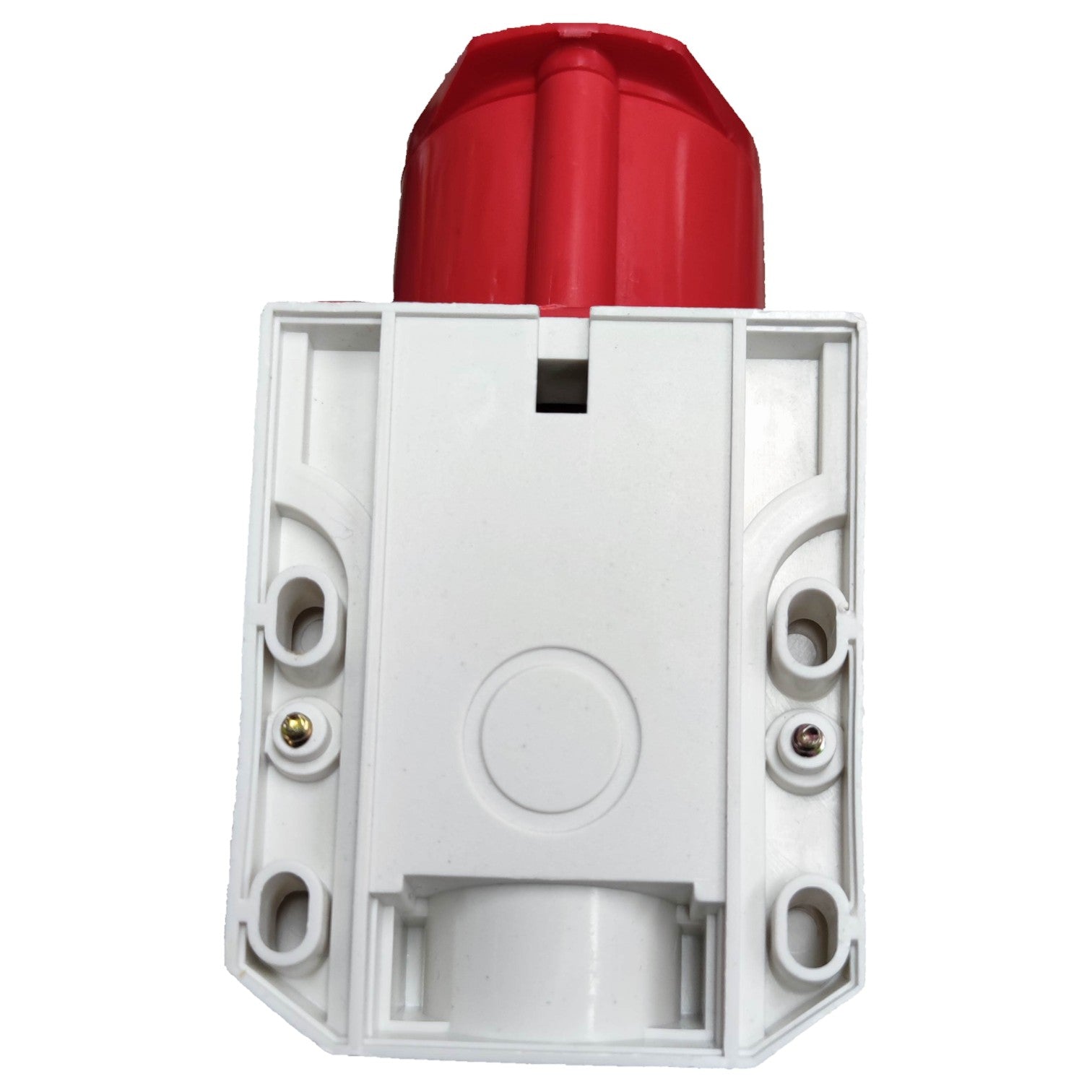 Red and white electrical junction box on a white background