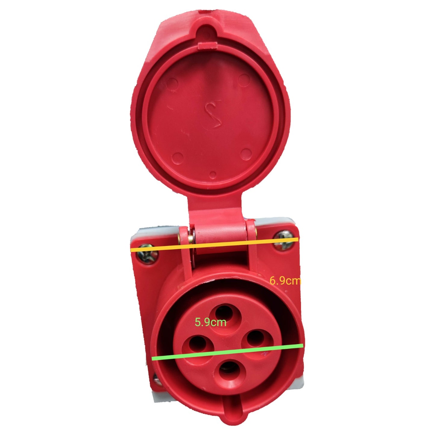 Red electrical connector with measurements on a white background