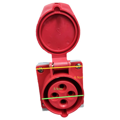 Red electrical connector with measurements on a white background