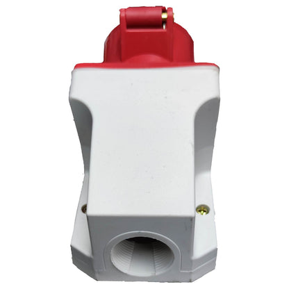 Red and white electrical plug on a white background