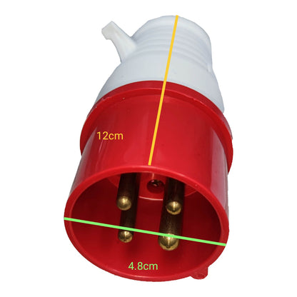 Red electrical plug with measurements on a white background