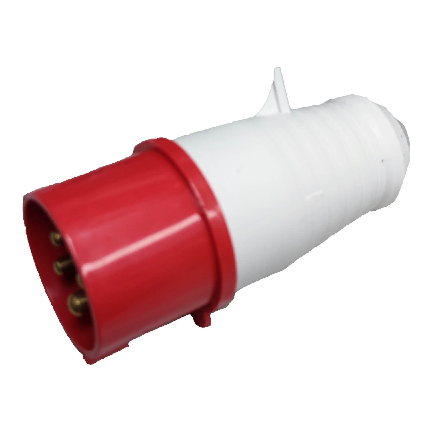 Red and white electrical plug on a white background