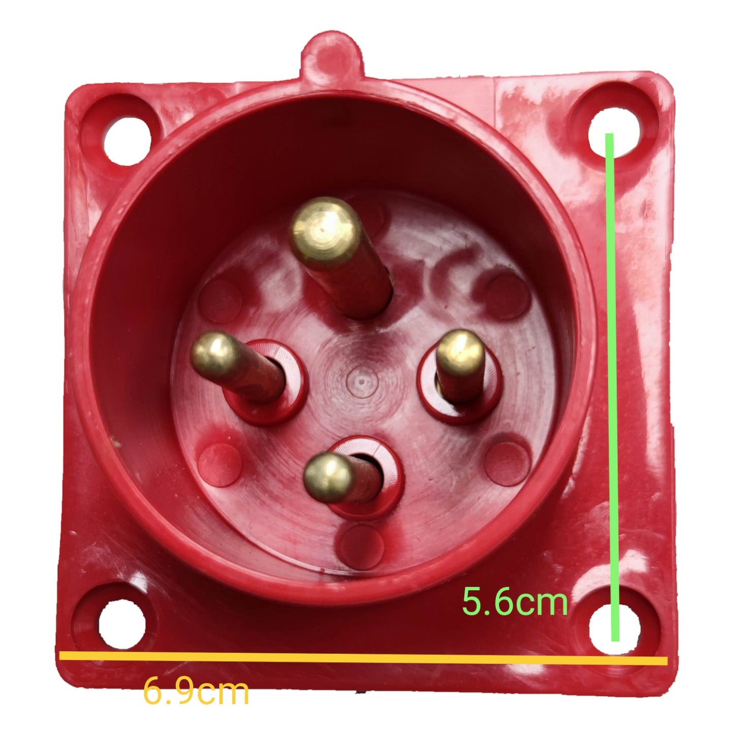 Red electrical socket with gold pins and measurements on a white background