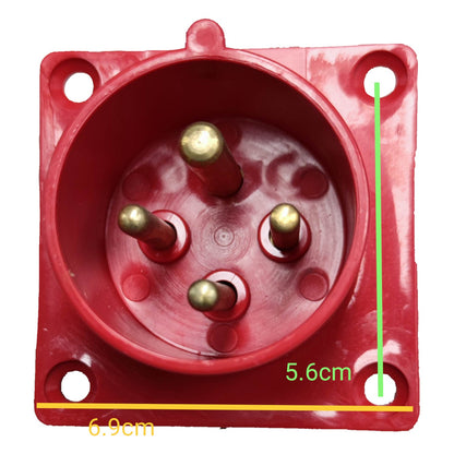 Red electrical socket with gold pins and measurements on a white background