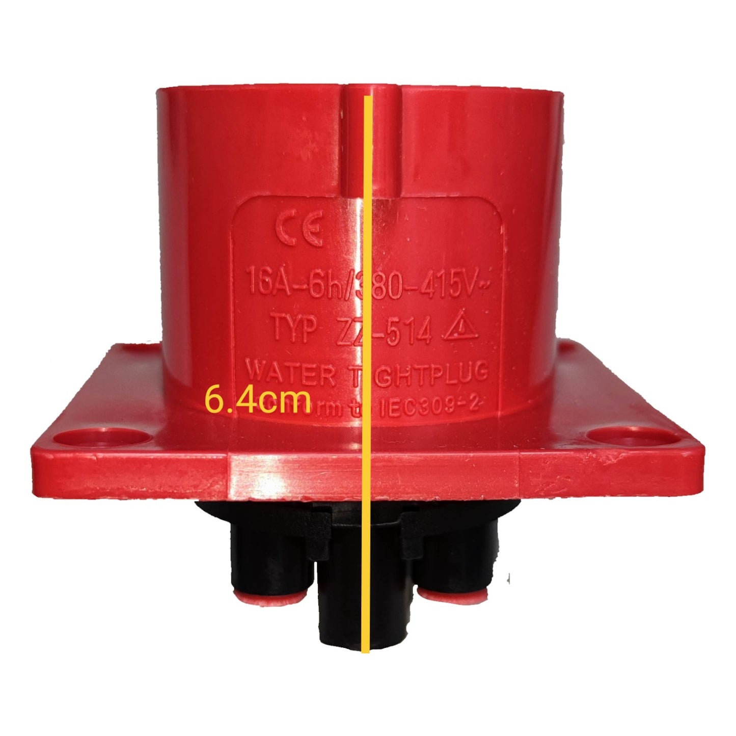 Red electrical plug with technical specifications on a white background