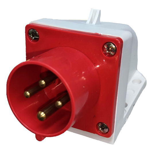 Red electrical plug with white base on a white background
