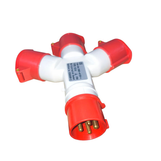 Red and white plastic fitting with brass connectors on a white background Grippes 16A 3P+E Industrial Splitter 1xMale 3xFemale (4 Pins) IP44 220V IEC309-2 # 1014 Electx Electrical Supply