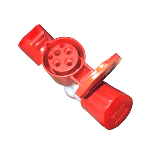 Red plastic valve on a white background Grippes 16A 3P+E Industrial Splitter 1xMale 3xFemale (4 Pins) IP44 220V IEC309-2 # 1014 Electx Electrical Supply