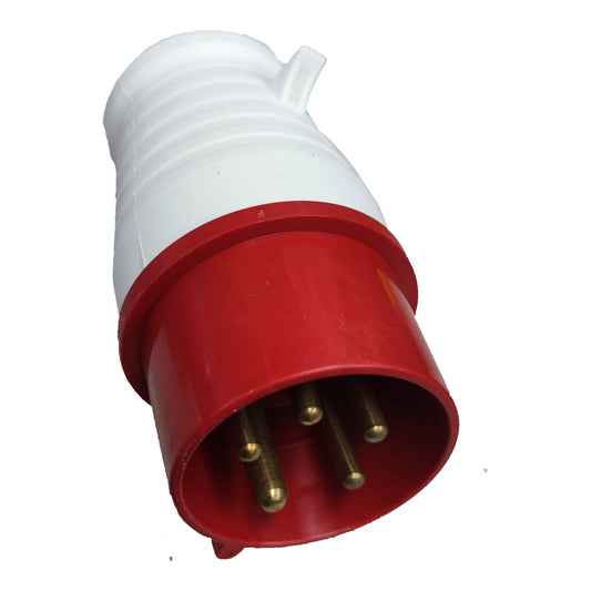 Red and white electrical plug on a white background