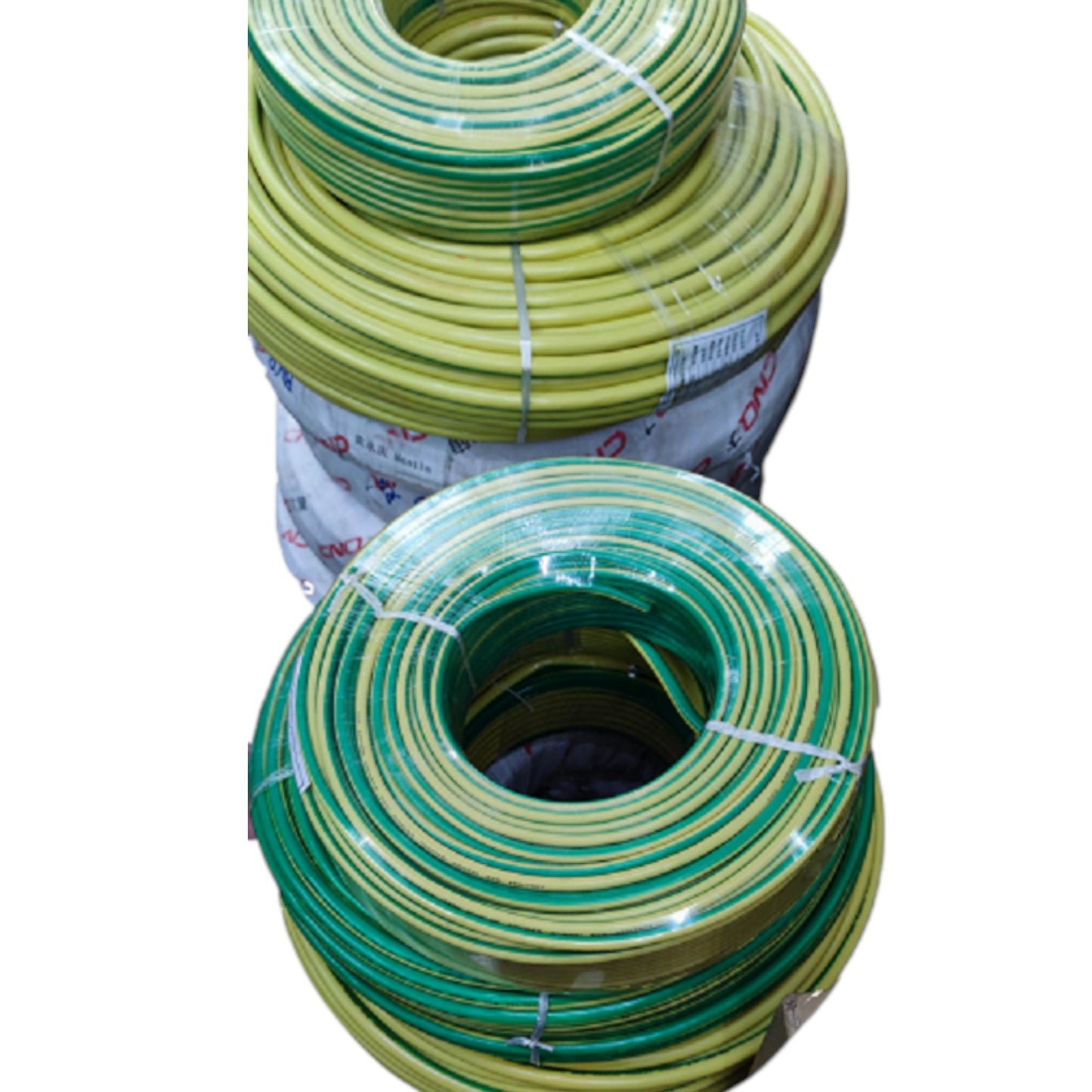 Two large rolls of yellow-green electrical wire or cable sleeving, stacked on a plain white background.