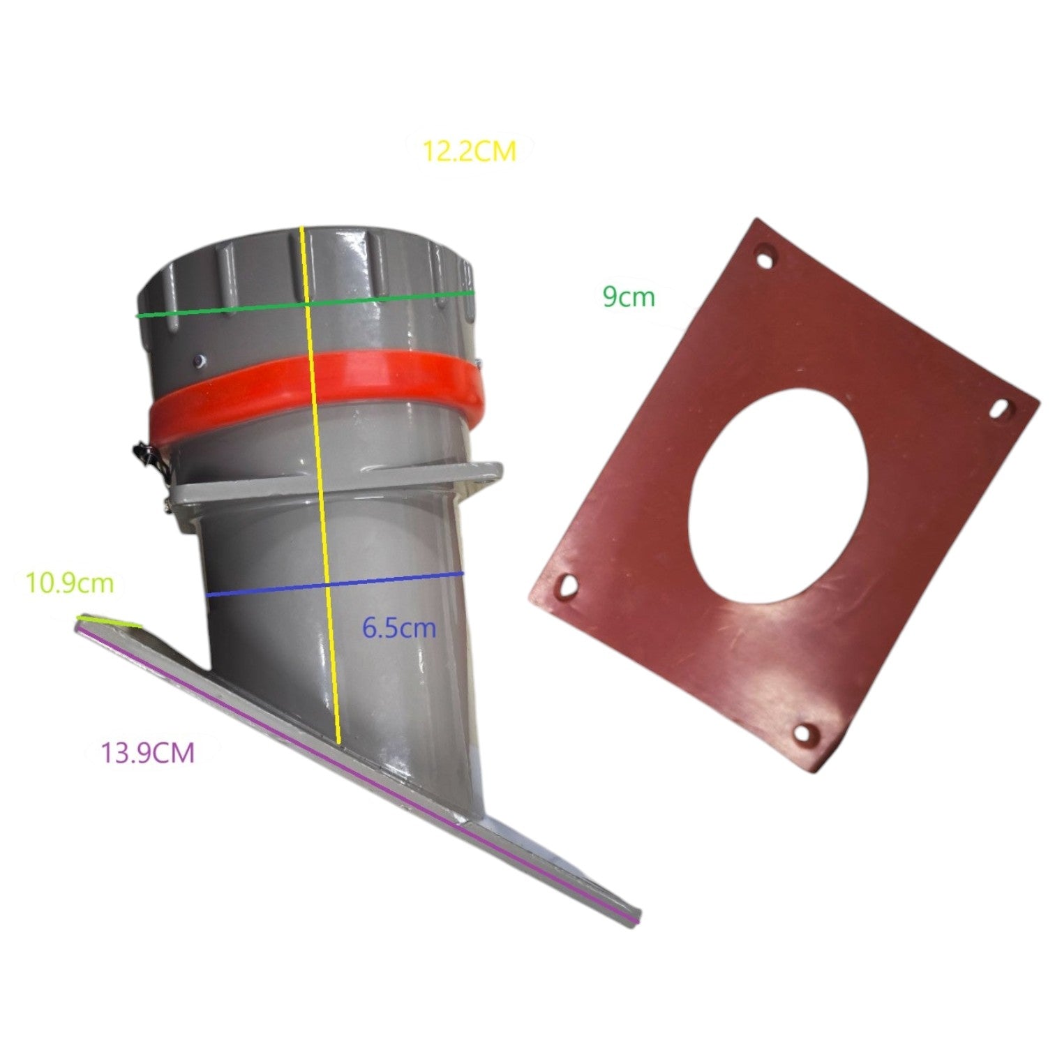 Metal duct with measurements and a square metal plate on a white background