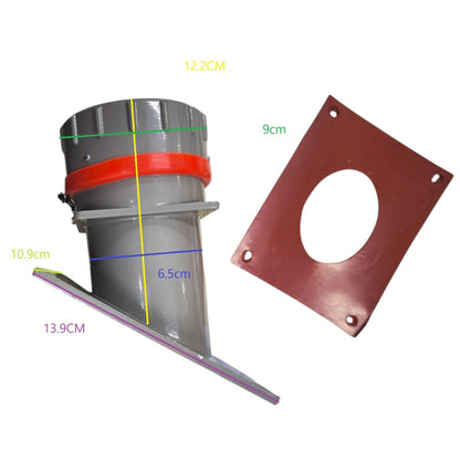 Metal duct with measurements and a square metal plate on a white background