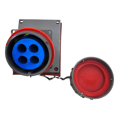 Electrical connector with blue socket and red cover on a white background