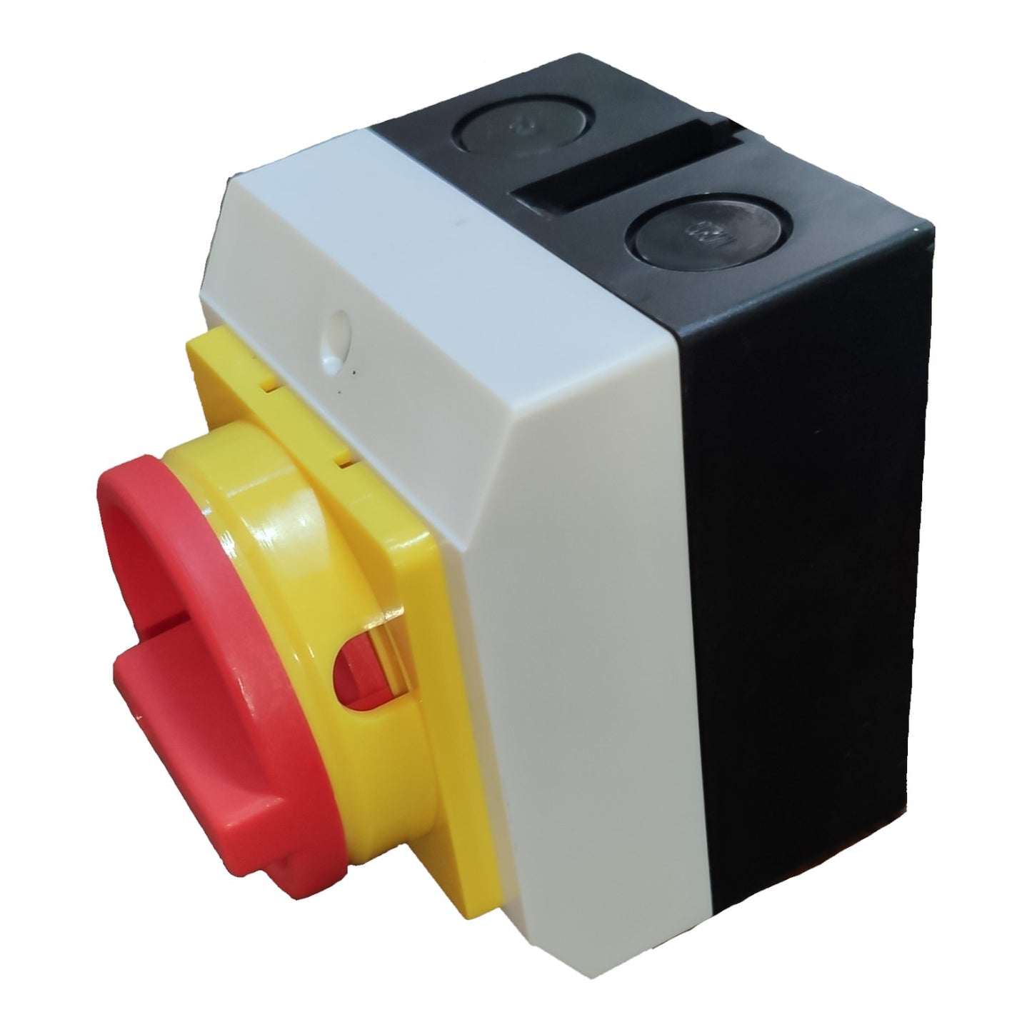 Blocky toy with red, yellow, and black colors on a white background