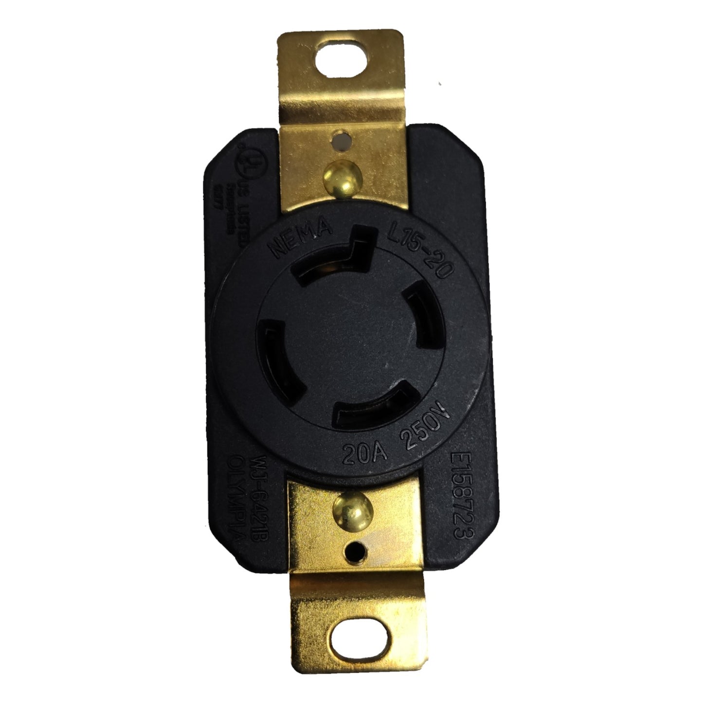 Black electrical plug with gold connectors on a white background Grippes 20A Twist Lock Outlet 3P+E (4P) 250V Grippes (NEMA L15) WJ6421B, Twistlock Electx Electrical Supply
