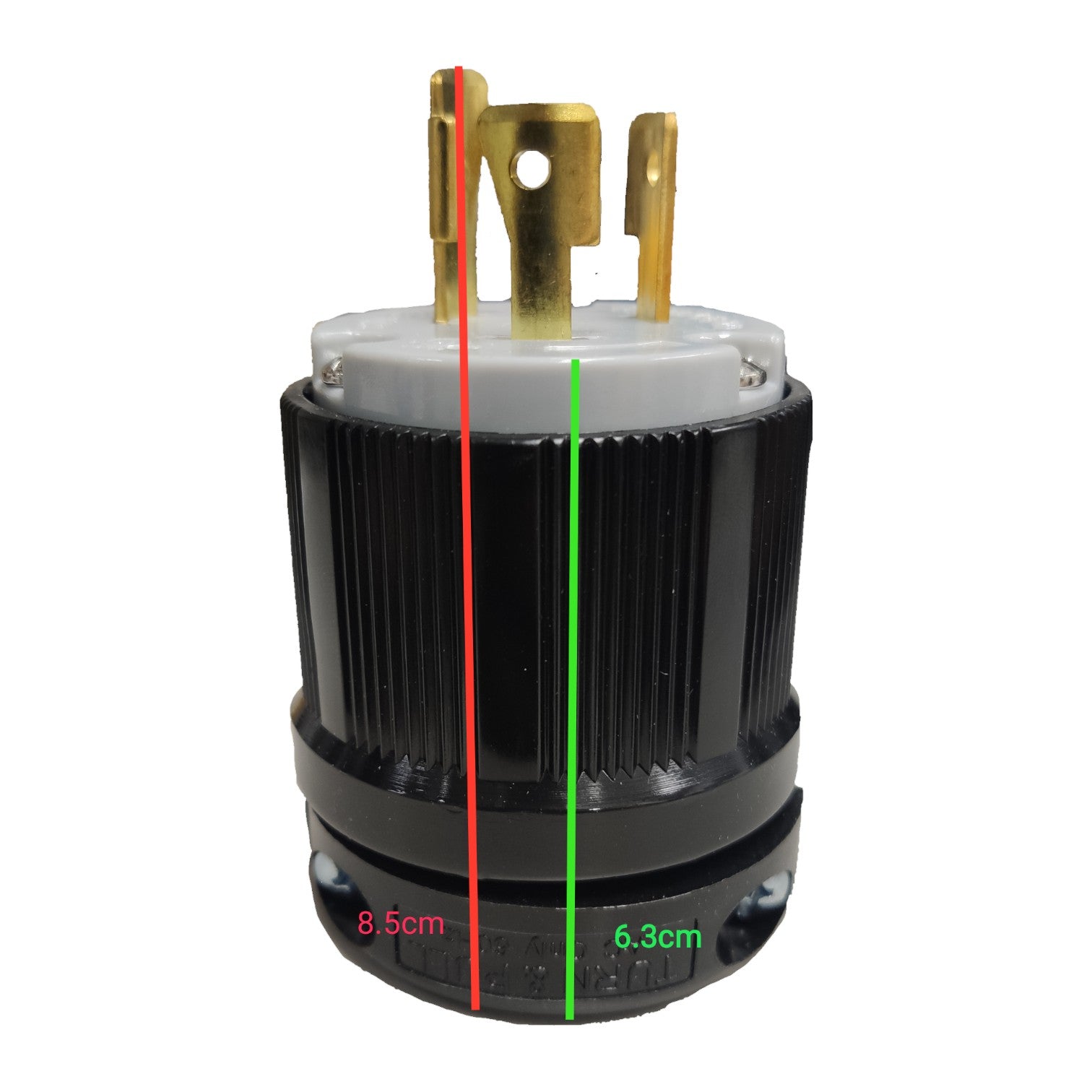 Electrical plug with measurements on a white background Grippes 20A Twist Lock Outlet with Plug 3 Pole 2P+E (3P) 250V (NEMA L6) WJ6322B and BL620P with Stainless Plate Cover 9221 Electx Electrical Supply 