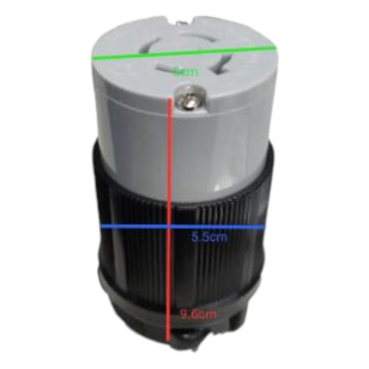 Mechanical component with measurements on a white background Grippes 20A Twist Lock Outlet with Plug  Cord Connector Type 3P+E (4P) 250V (NEMA L15) BL1520C & BL1520P, Twistlock Electx Electrical Supply