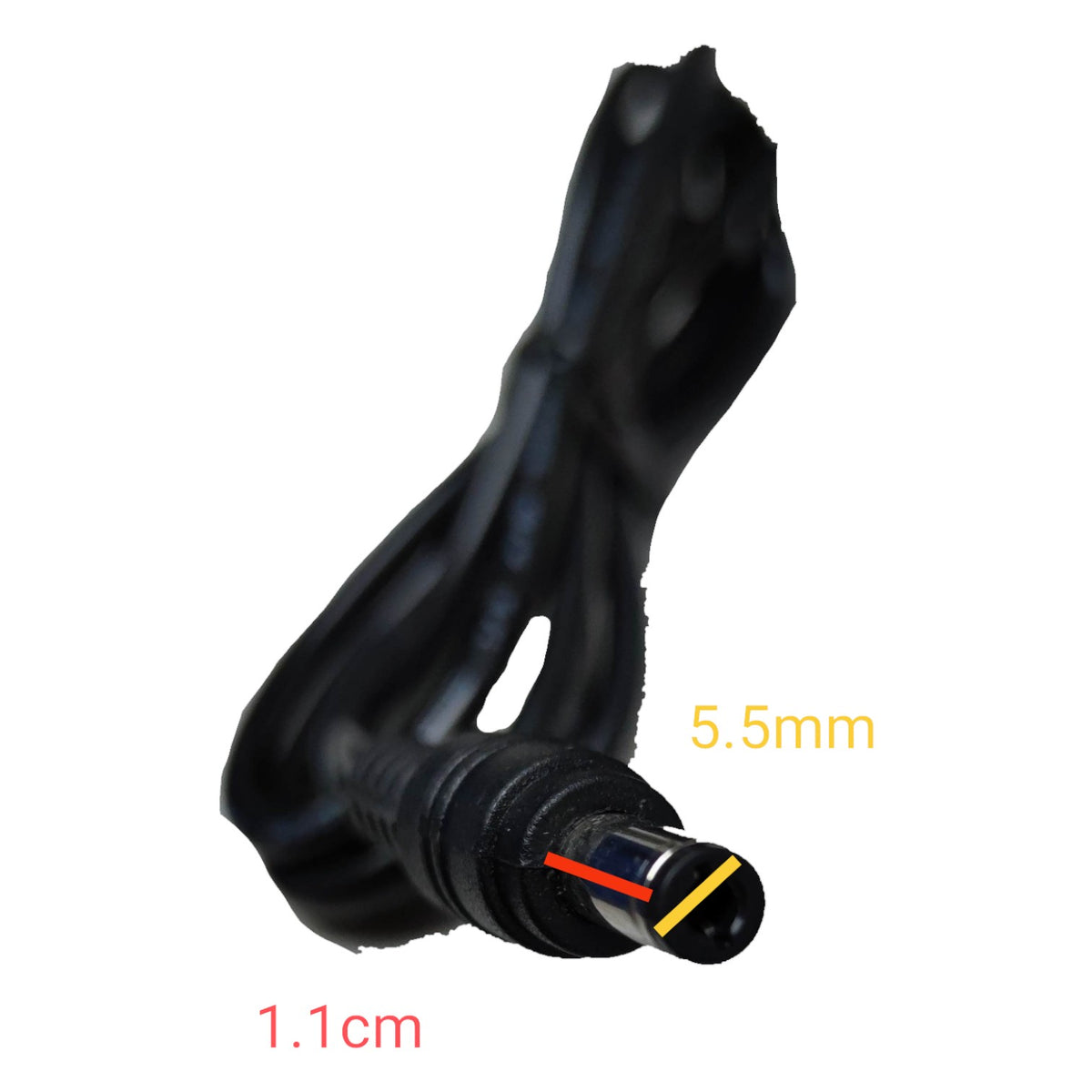 Black rubber hose with measurements on a white background