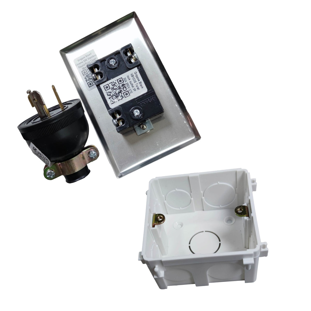 An electrical outlet component set including a black three-pin plug, a silver metal plate with a black terminal connector, and a white plastic junction box, shown on a plain white background.