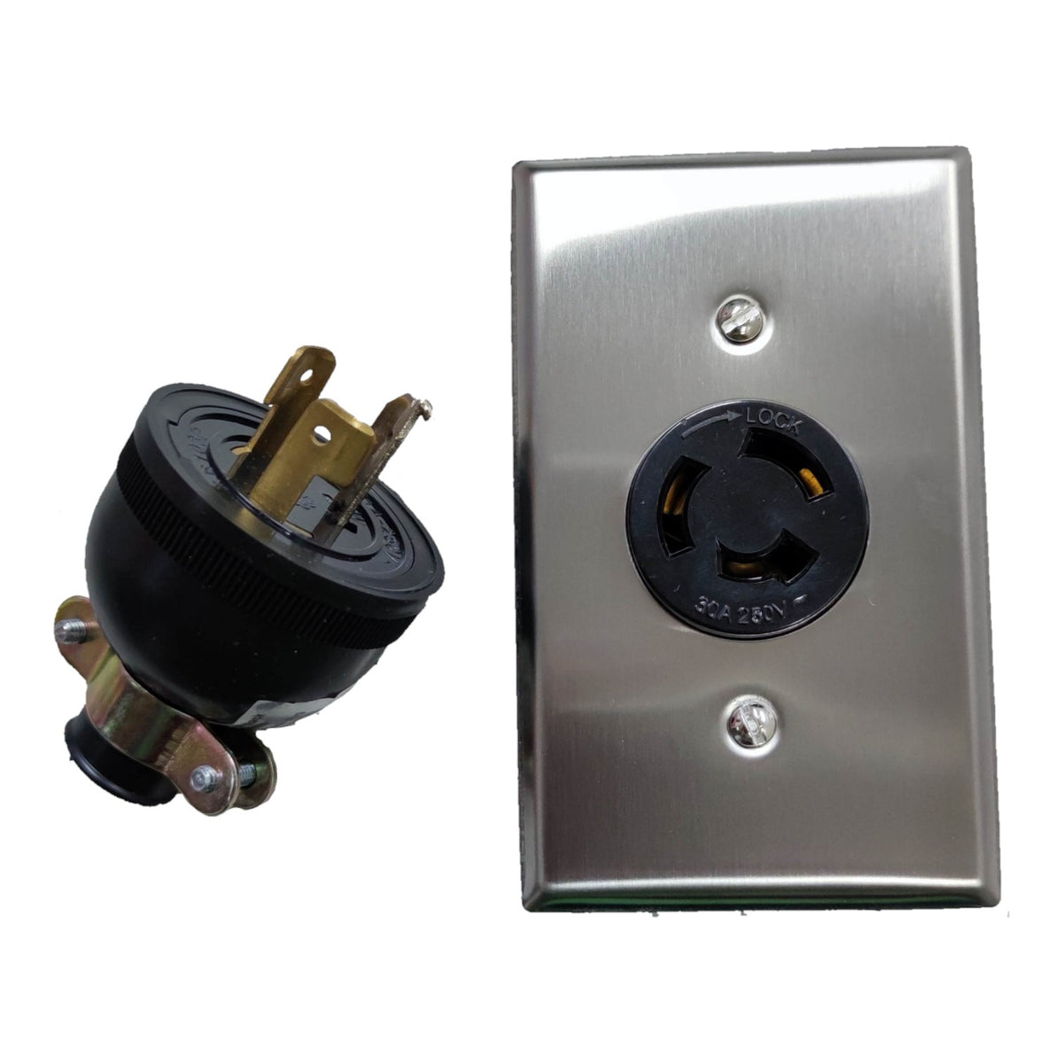 A 3-prong electrical outlet adapter shown disassembled with the black plug and brass prongs on the left, next to a brushed stainless steel outlet cover plate on the right, against a white background.