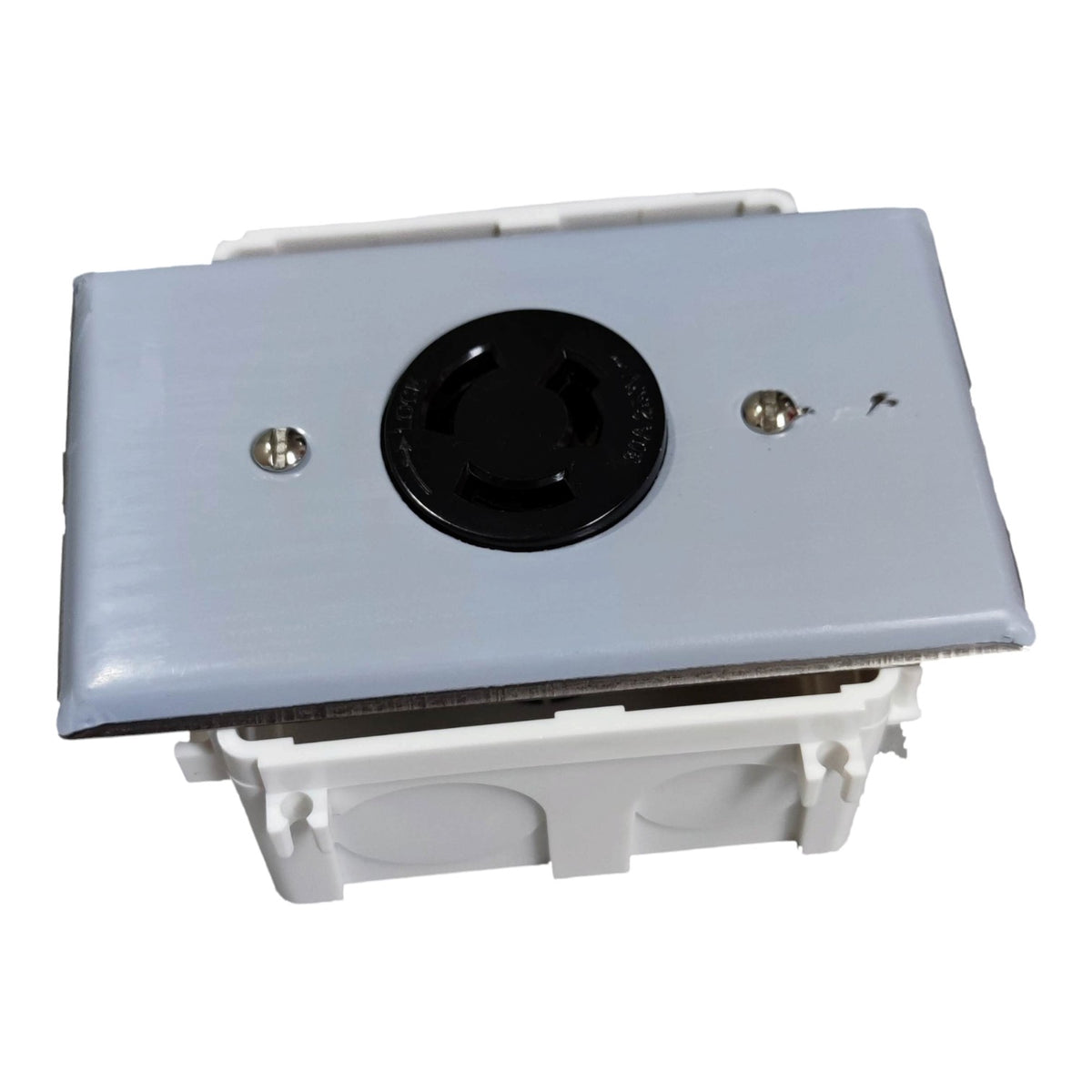 A white electrical junction box with a light gray metal cover plate and a black circular socket or outlet cover in the center, shown on a plain white background.