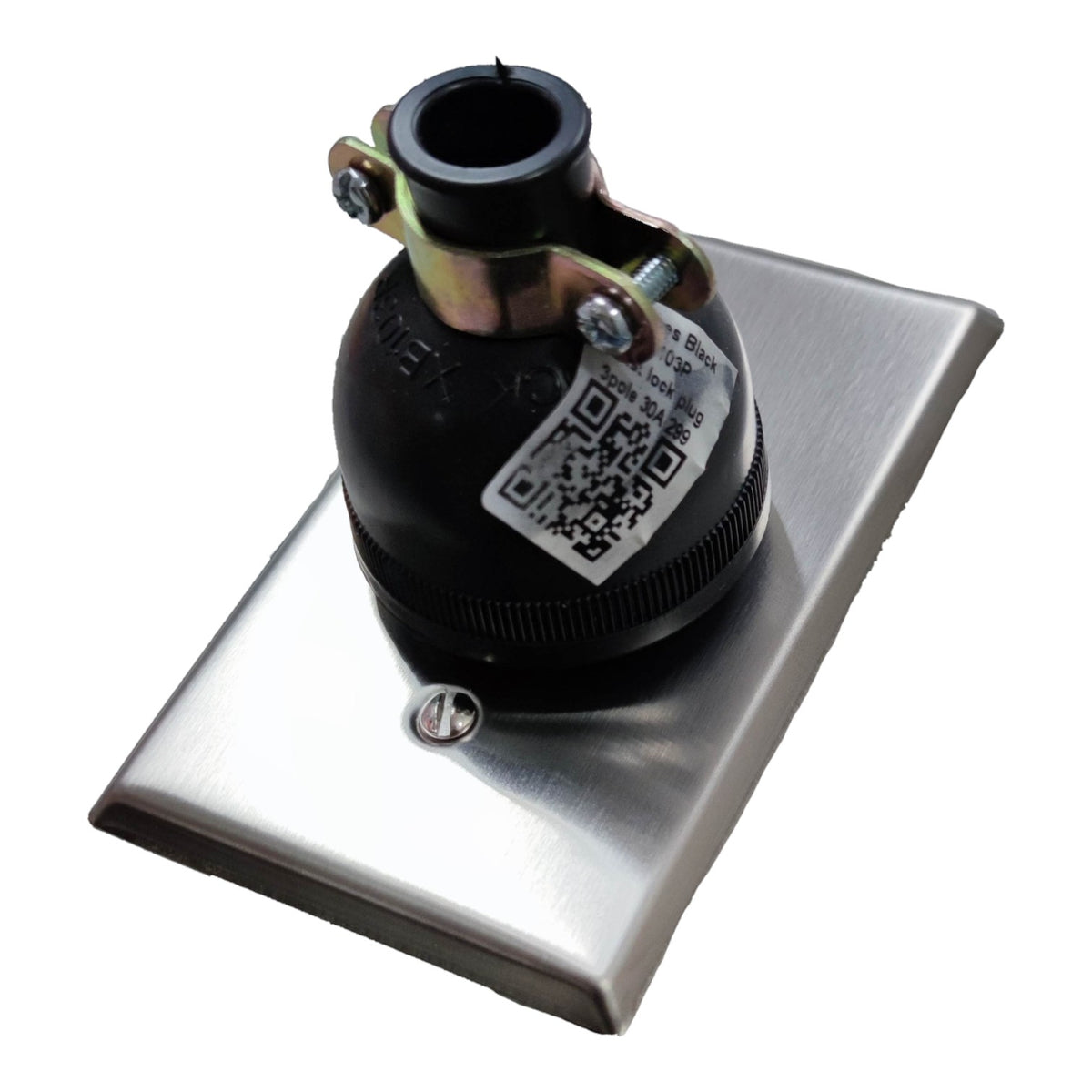 A black rubber and metal plumbing fitting mounted on a brushed silver square plate, isolated on a white background.