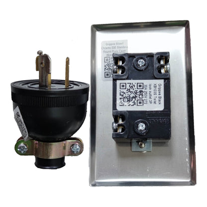 An industrial electrical component set featuring a black three-pin plug with brass pins and a silver metal terminal box containing a black contactor with a QR code label.