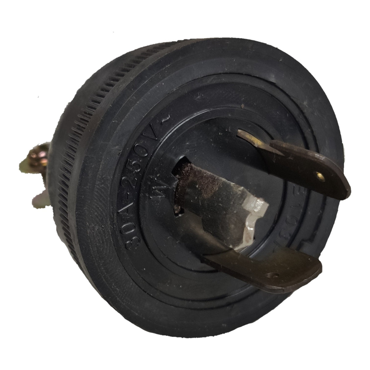A black plastic electrical outlet plug with two metal prongs, shown on a plain white background.