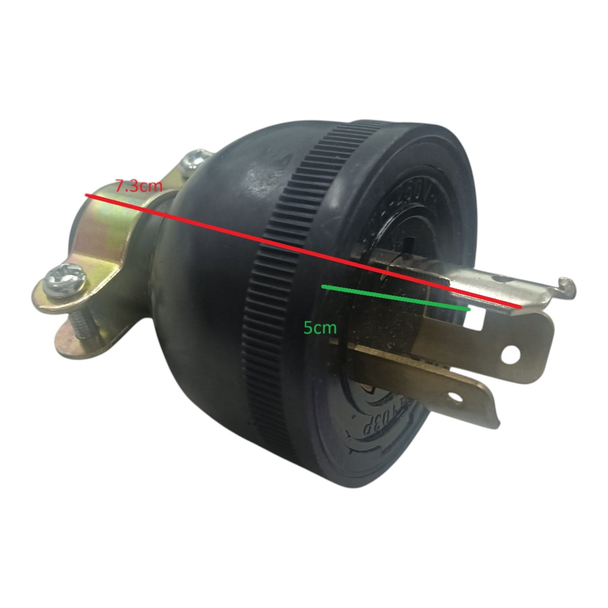 A black rubber wheel or caster with metal mounting brackets, shown on a white background with red and green measurement lines and text indicating dimensions.