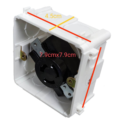 White plastic electrical outlet box with a black socket assembly inside, overlaid with red and yellow dimension lines and text showing measurements of 7.9cm x 7.