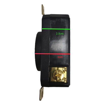 Black electrical switch with measurement markings on a white  Grippes 30A Twist Lock Outlet with Plug and Stainless Plate 2P+E (3P) 250V (NEMA L6) WJ6331B and BL-630P and 9221 Electx Electrical Supplybackground