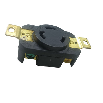 Black electrical plug with gold contacts on a white background Grippes 30A Twist Lock Outlet with Stainless Plate 2P+E (3P) 250V(NEMA L6) WJ6331B and 9221, Twistlock Electx Electrical Supply