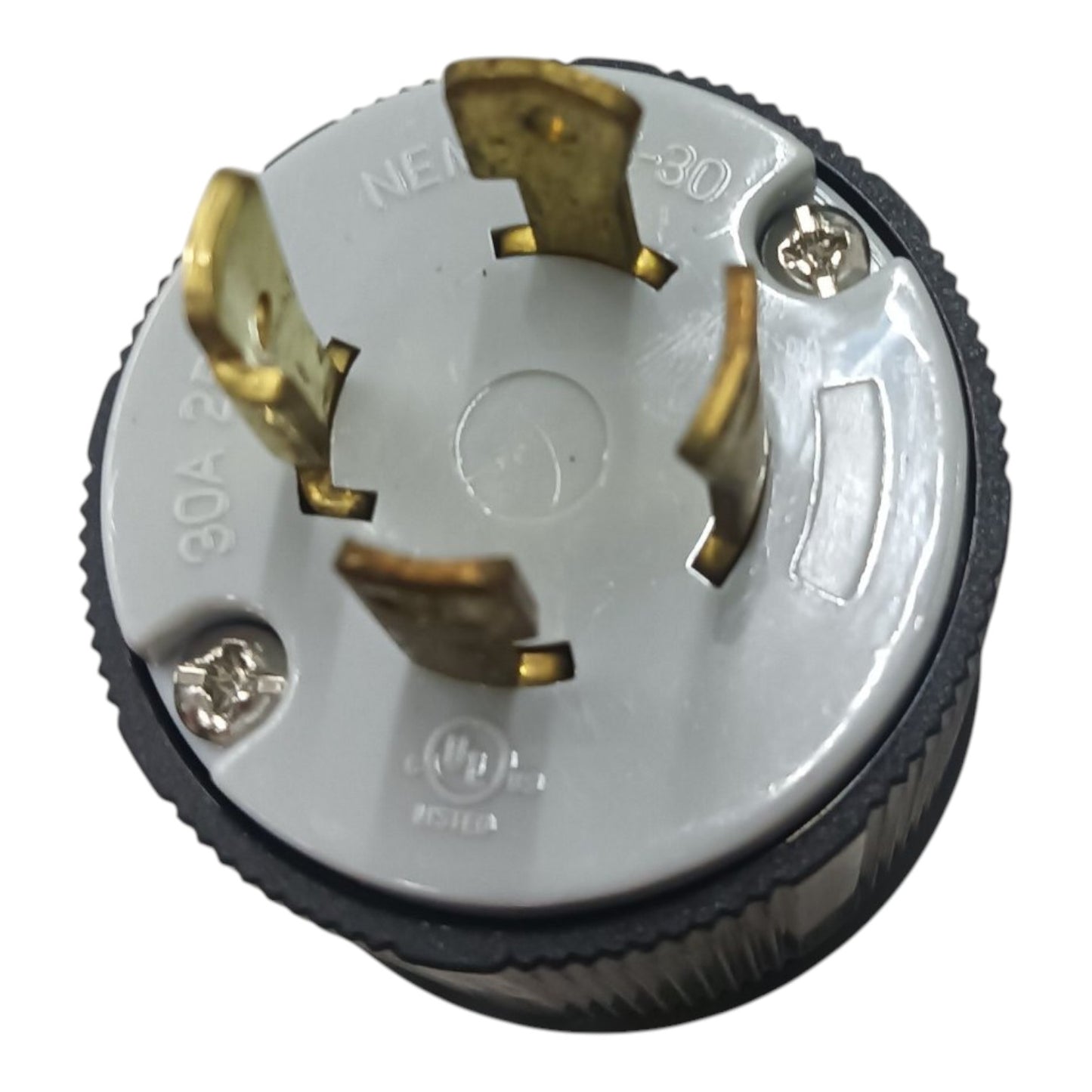 Electrical plug with black and gold contacts on a white background Grippes 30A Twist Lock Plug 3P+E (4P) 250V (NEMA L15) BL1530P, Twistlock Plug Electx Electrical Supply 