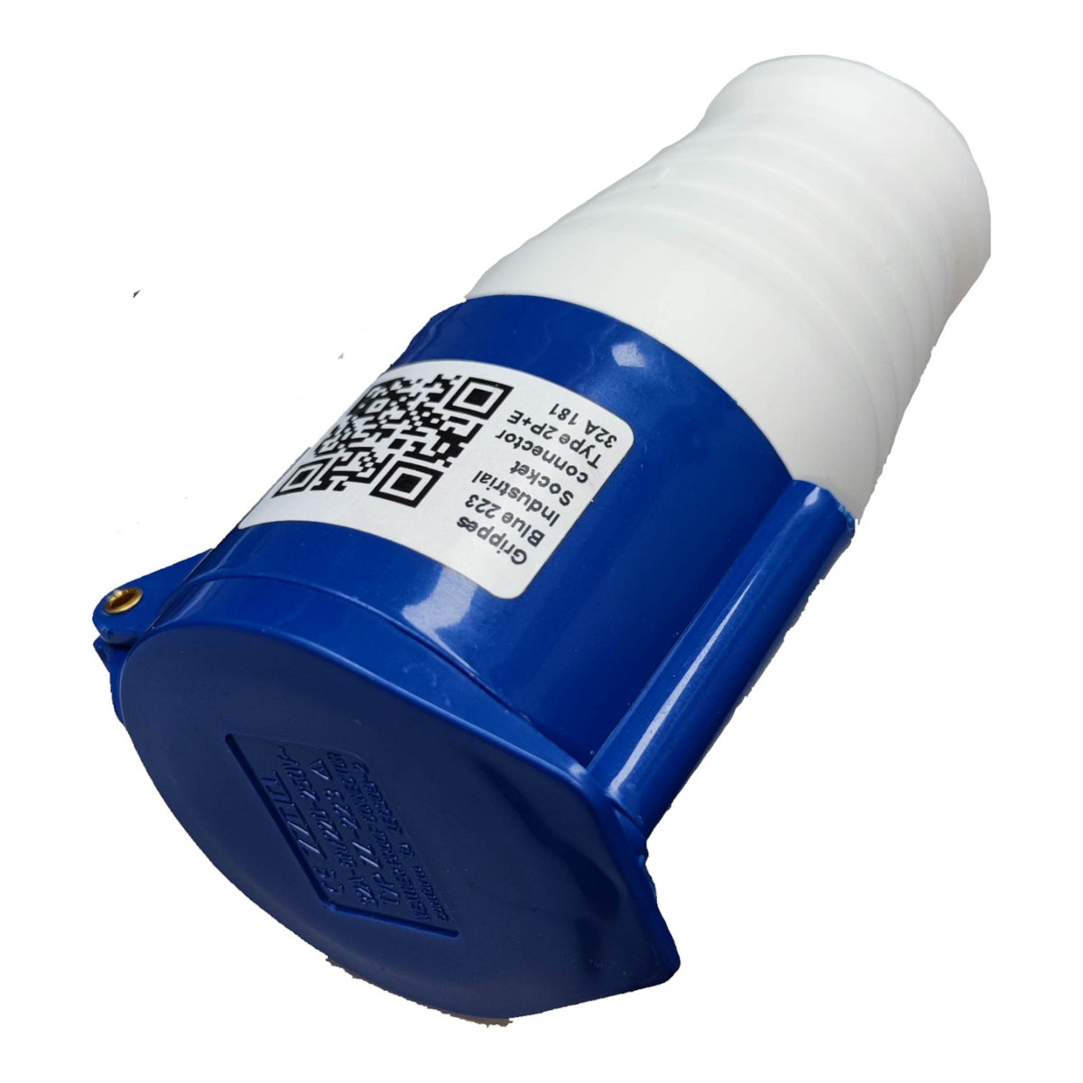 Blue and white cylindrical device with a QR code label on a white background