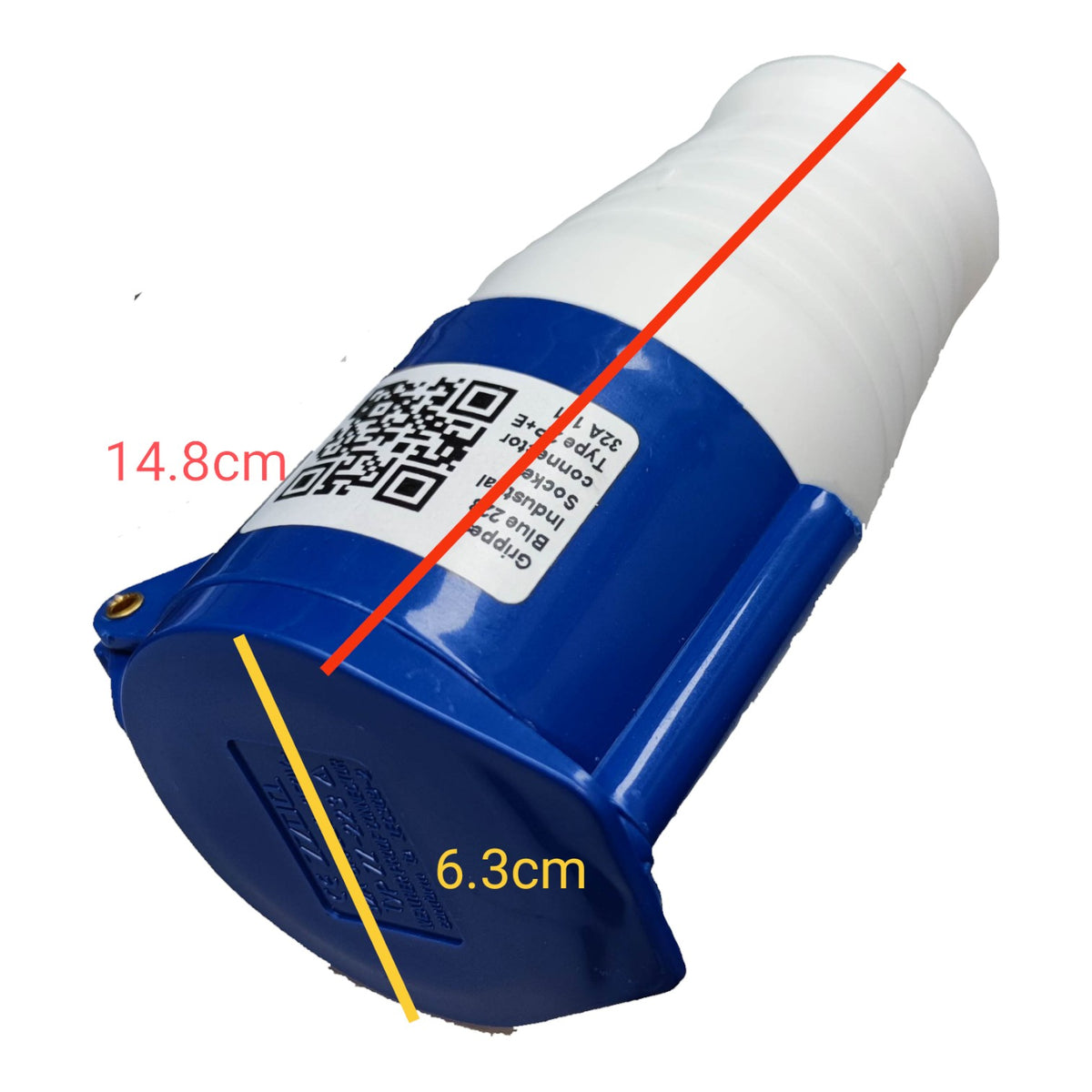 Blue and white cylindrical device with measurements and QR code on a white background