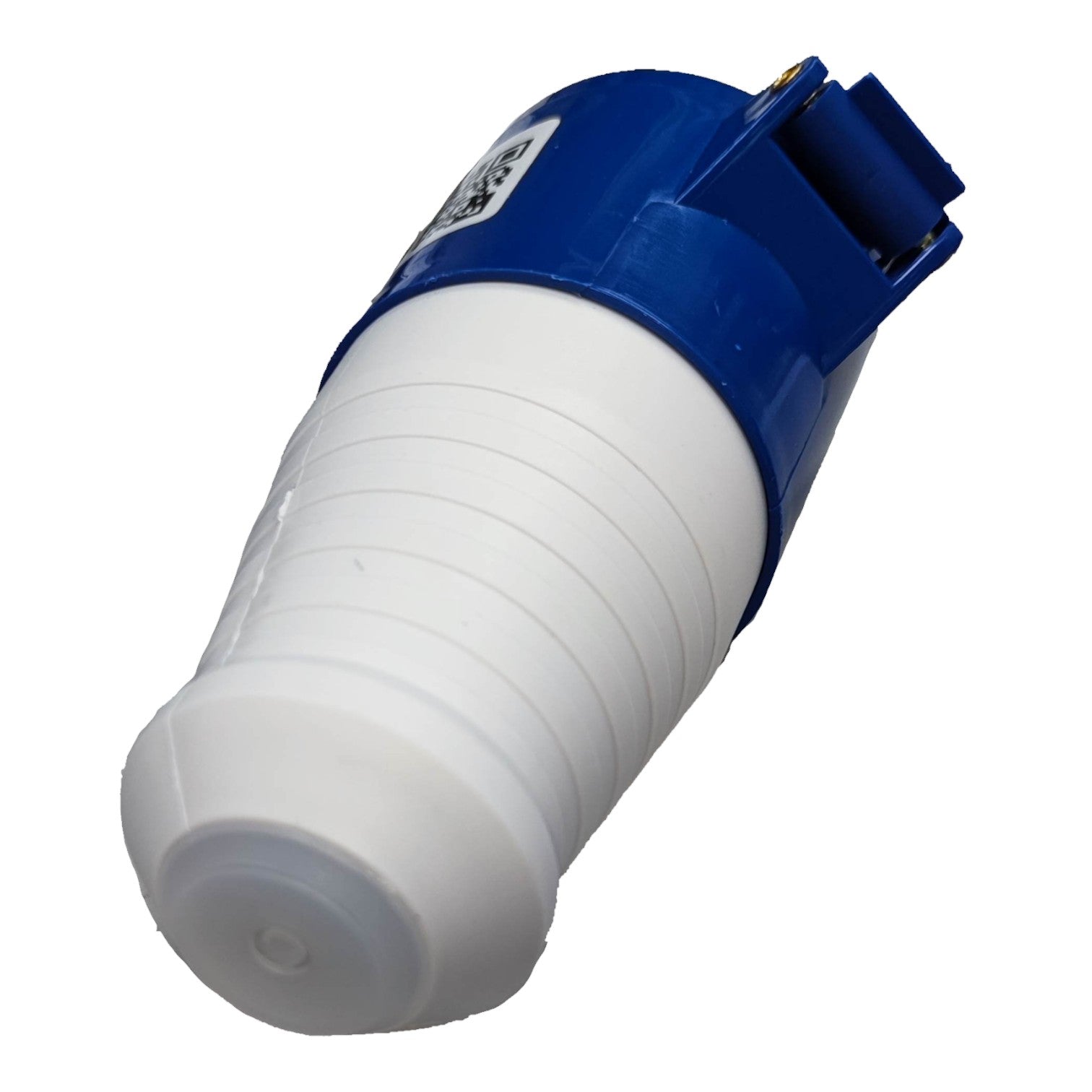 White cylindrical container with a blue top on a white background