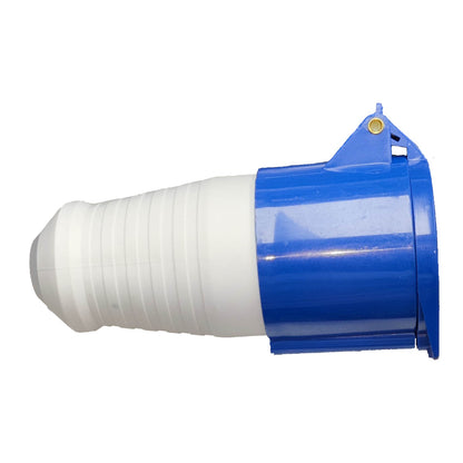 Blue and white cylindrical object on a white background