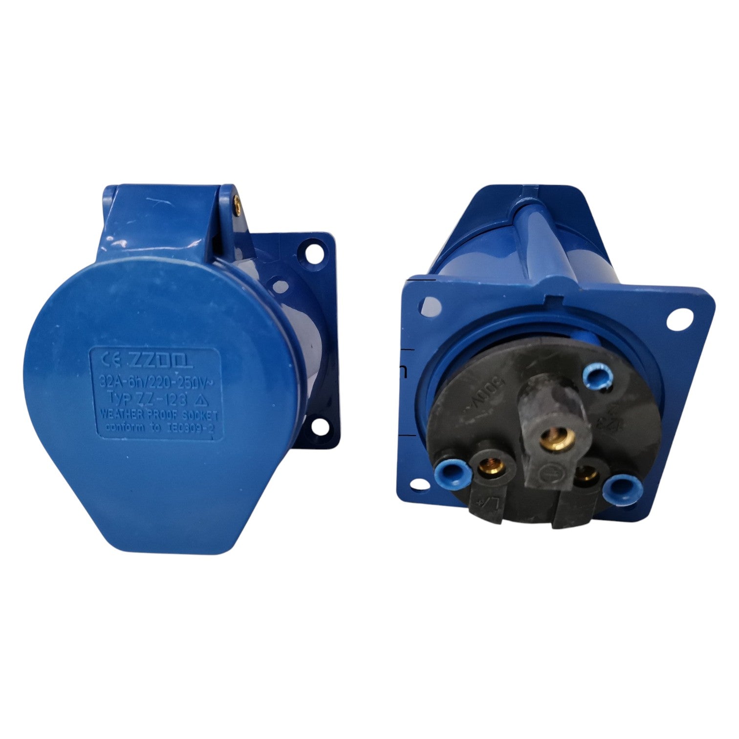 Two blue electrical connectors on a white background