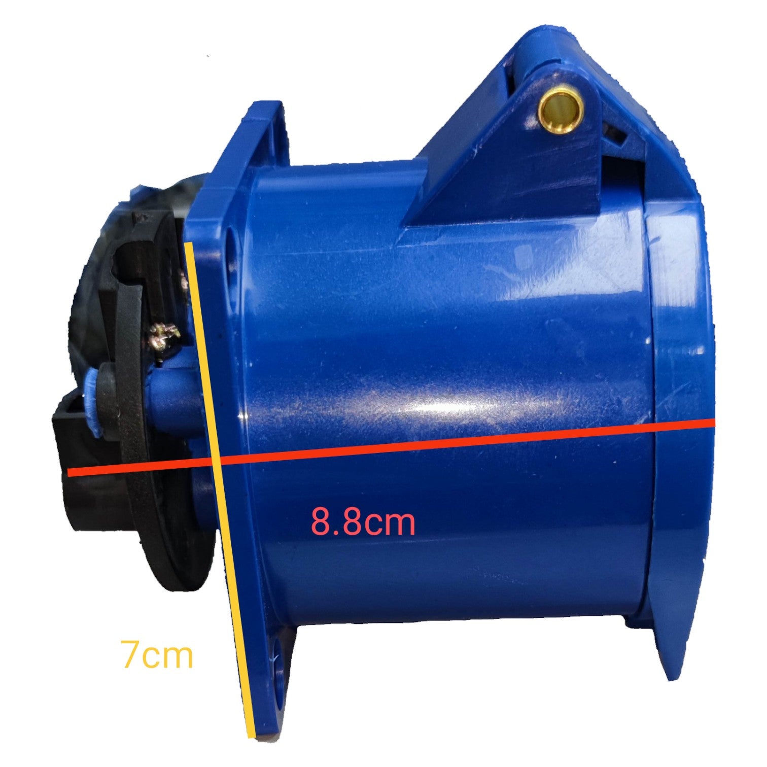 Blue mechanical component with measurements on a white background