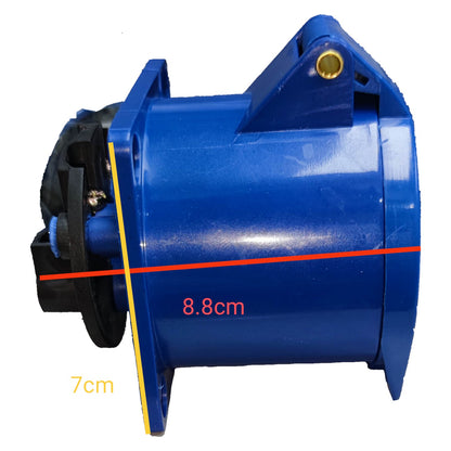 Blue mechanical component with measurements on a white background