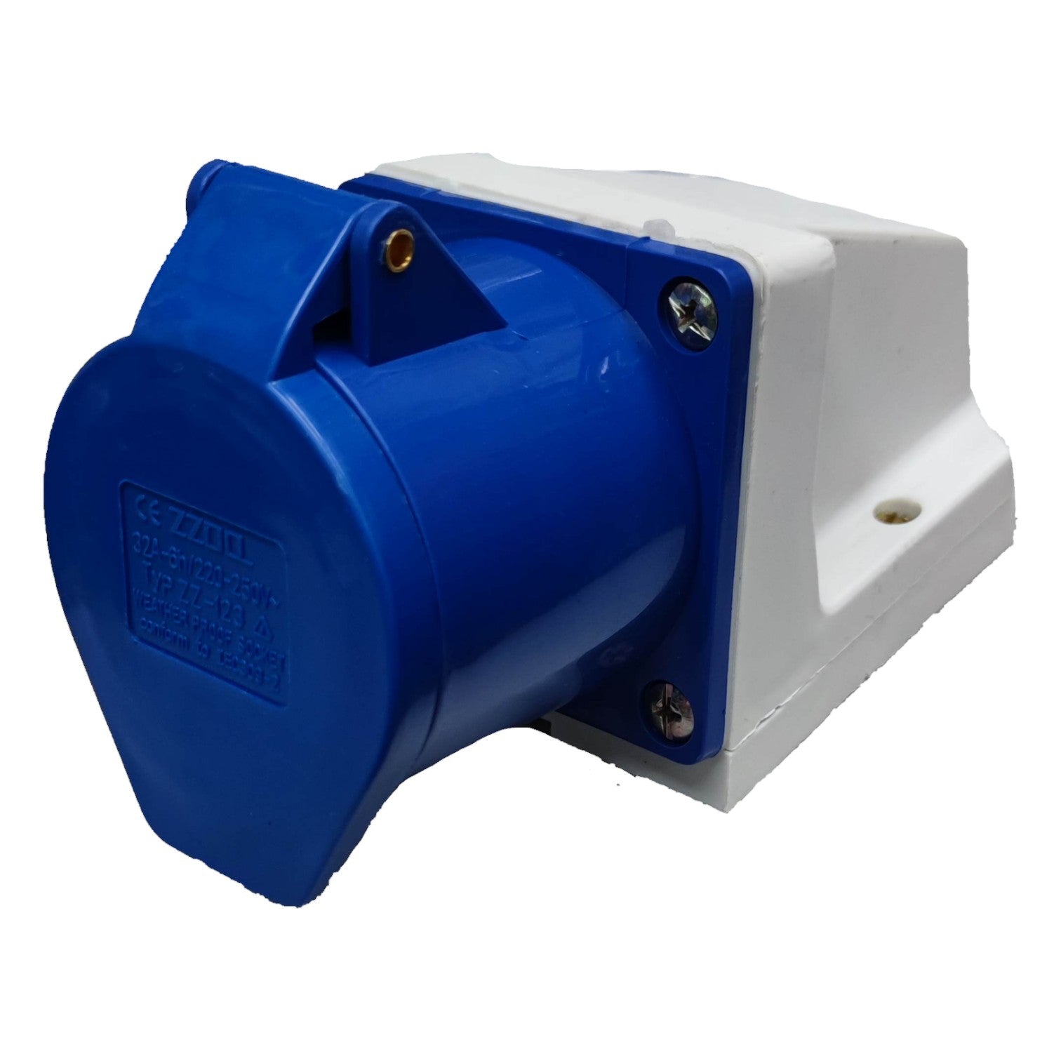 Blue and white electrical connector on a white background