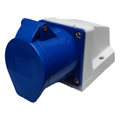 Blue and white electrical connector on a white background