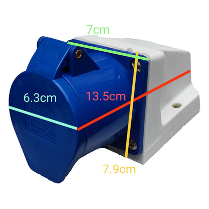 Measurement chart of a blue and white mechanical component with dimensions labeled.