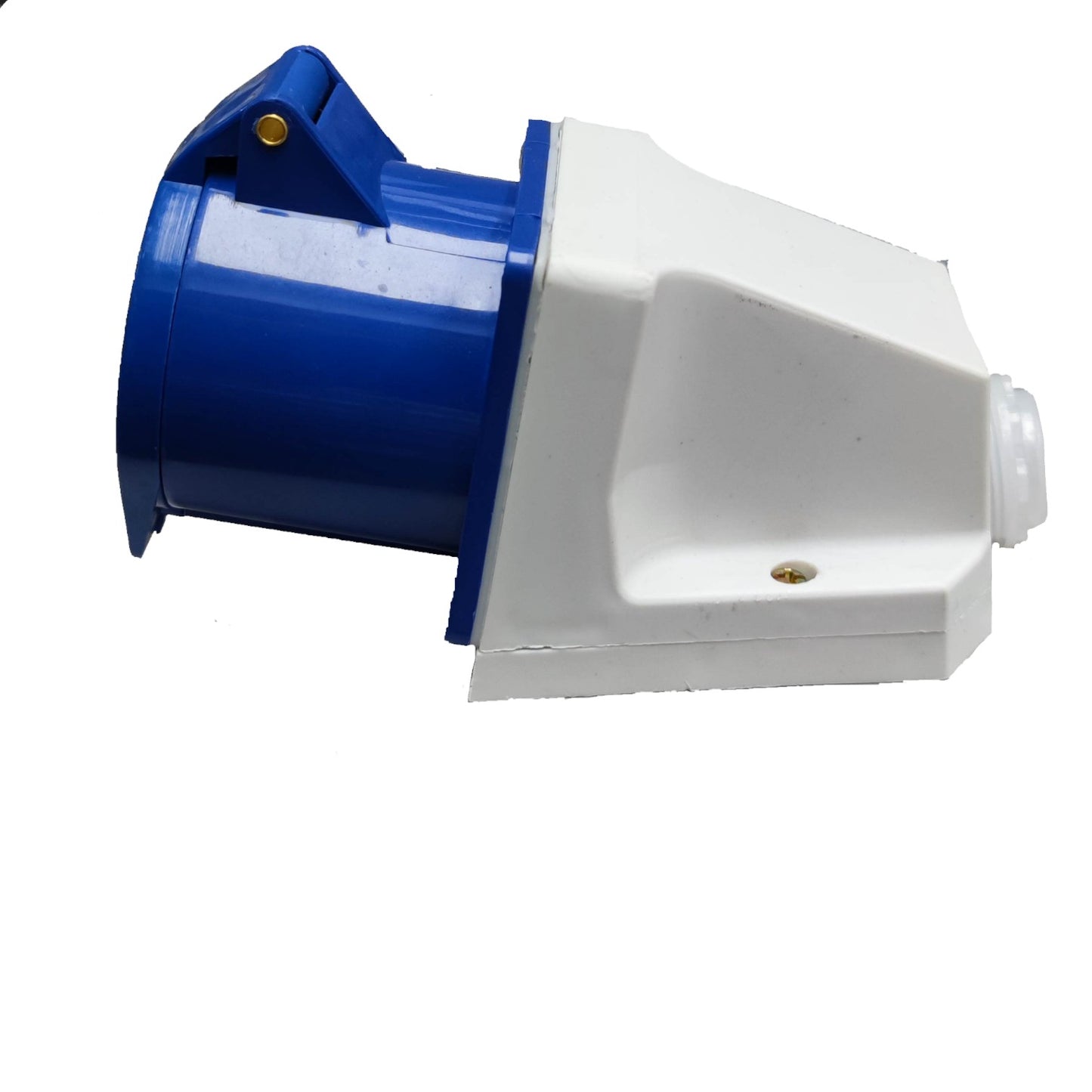 Blue and white mechanical component on a white background