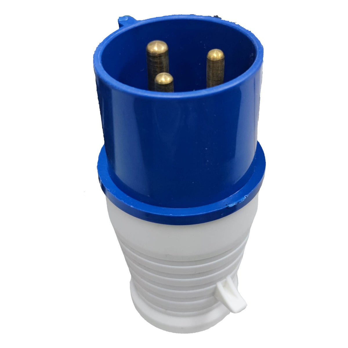 Electrical plug with blue and white design on a white background