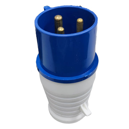 Electrical plug with blue and white design on a white background