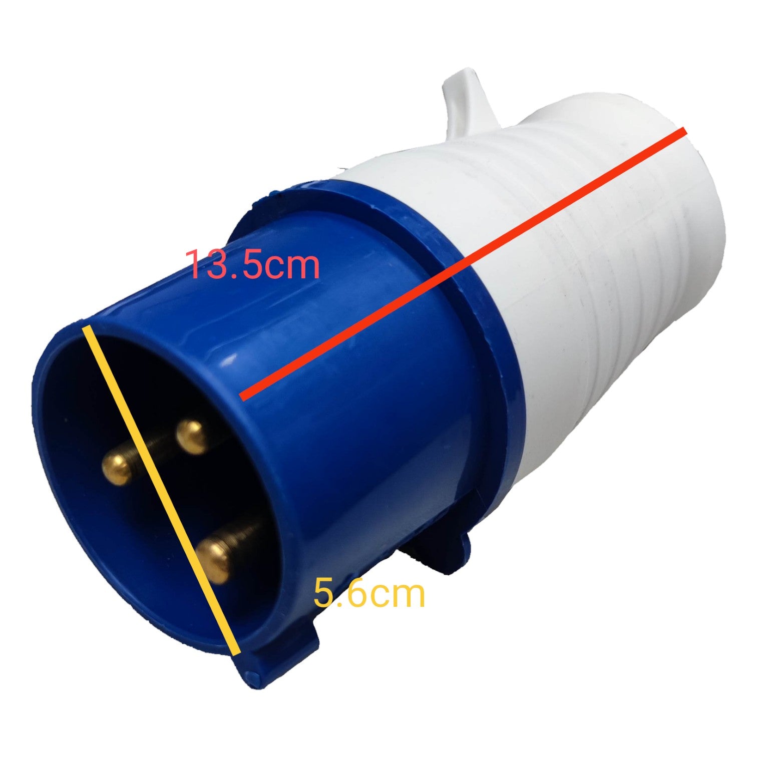 Blue and white electrical plug with measurements indicated on a white background