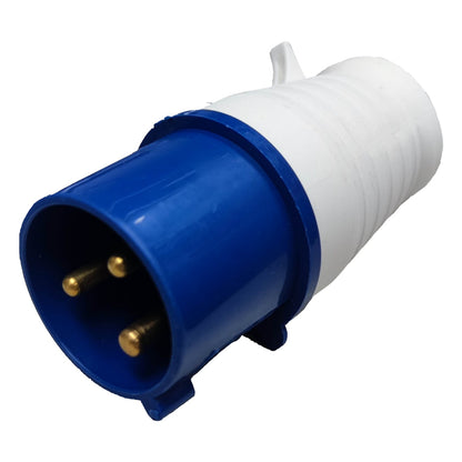 Blue and white electrical plug on a white background