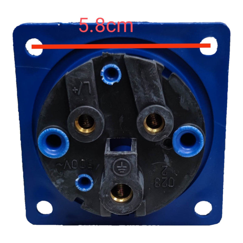 Electrical socket with blue and black design, measurement of 5.8cm shown.