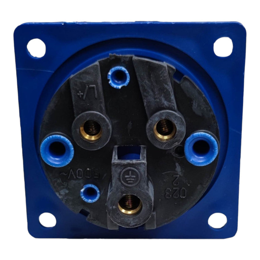 Electrical socket with blue and black design on a white background